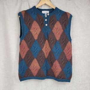 Tricots St Raphael Vintage Argyle Wool Sweater Knit Vest Women's Brown Blue